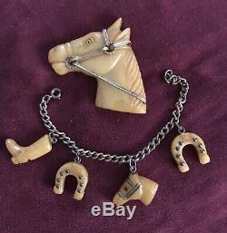 RARE Vintage Butterscotch Bakelite Horse Head Pin & Bracelet Set