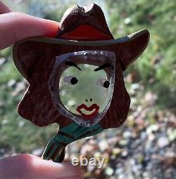 RARE Vintage Large Carved Lucite & Wood Bakelite Style Cowgirl Brooch Pin
