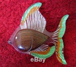 RARE Vintage Reverse Carved Painted Lucite Fish Pin Brooch Bakelite Era 1930's