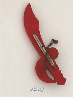 RARE Vtg Cherry Red Bakelite Brooch Sword Pin Brass Accent 4 1/2 signed