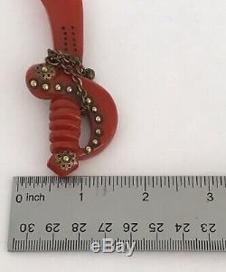 RARE Vtg Cherry Red Bakelite Brooch Sword Pin Brass Accent 4 1/2 signed