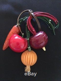 RARE vintage BAKELITE pin vegetable radish onion carrot tomato all ORIGINAL