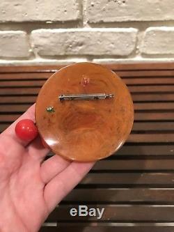 Rare 1930s -40s Vtg Bakelite Butterscotch Marbled Hat Brooch Pin with Cherries
