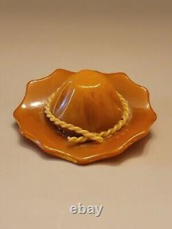 Rare 1930s Butterscotch Bakelite Gardeners Hat Brooch With Rope Trim Tested