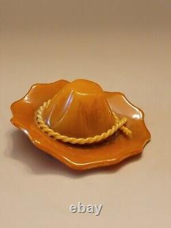 Rare 1930s Butterscotch Bakelite Gardeners Hat Brooch With Rope Trim Tested