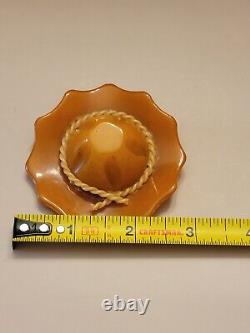 Rare 1930s Butterscotch Bakelite Gardeners Hat Brooch With Rope Trim Tested