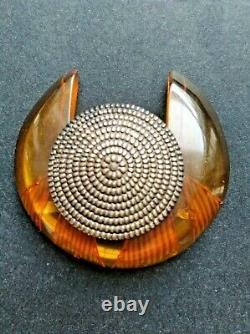 +++ Rare Art Deco Vintage Bakelite Round Carved Brooch / Pin Jewelry RARE