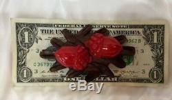 Rare CHERRY RED BAKELITE ACORNS ON CARVED WOOD Pin Brooch Vtg Costume Jewelry