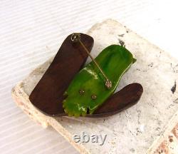 Rare Green Bakelite & Wood Owl On Branch W Glass Eyes Brooch Pin
