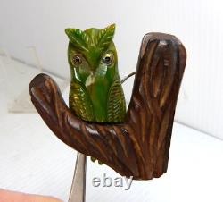 Rare Green Bakelite & Wood Owl On Branch W Glass Eyes Brooch Pin
