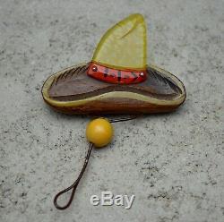 Rare LARGE Vintage BAKELITE Mexican Sombrero Pin Carved Apple Juice & Wood