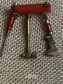 Rare Licorice Red Vintage Bakelite Bar Pin Brooch, With Real Working Tools
