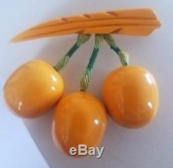 Rare Retro Vintage Carved Yellow Cherry Bakelite Brooch Pin Tested Positive