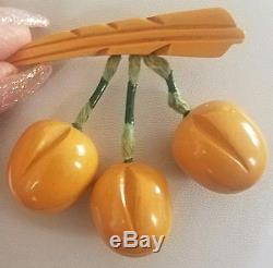Rare Retro Vintage Carved Yellow Cherry Bakelite Brooch Pin Tested Positive