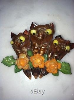 Rare Stunning Handmade Lucky Brown Owl Pin Brooch Vtg Costume Jewelry Flowers
