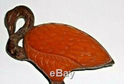 Rare VTG Bakelite Carved Flamingo Red /Leather Brooch Pin 3 -1/2long