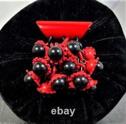 Rare Vintage 1930's Bakelite Dangling Brooch Pin Cherry Red Black Licorice