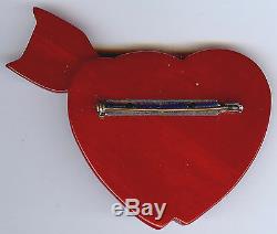 Rare Vintage 1930's Marbled Red Carved Bakelite Arrow In Heart Brooch Pin