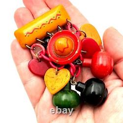 Rare Vintage 1930s 1940s Bakelite Brooch Pin Mexican Sombrero Hearts Collector