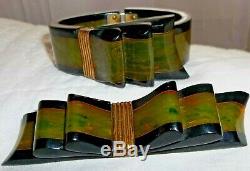 Rare! Vintage 40s Bakelite Matching Set Ribbon Bow Hinged Bracelet & Brooch Pin