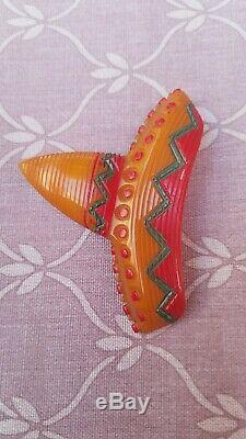 Rare Vintage BAKELITE Mexican Sombrero Pin RED, GREEN & ORANGE