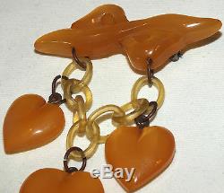 Rare Vintage Bakelite Butterscotch Hearts Charms Pin/Brooch