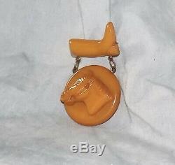 Rare Vintage Bakelite Carved Equestrian Horse Head & Riding Boot Pin