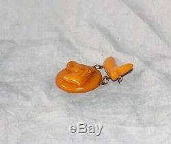 Rare Vintage Bakelite Carved Equestrian Horse Head & Riding Boot Pin