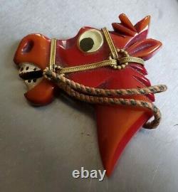 Rare Vintage Bakelite Plastic Googly Eyes Eyed Horse Head Pin Brooch 3 1/2 X 3