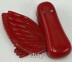 Rare Vintage Bakelite Red Cherry Pelican Lipstick Holder Case Pin Brooch