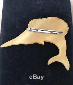 Rare Vintage Butterscotch Opaque Bakelite Swordfish Pin With Glass Eye