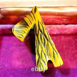 Rare Vintage Butterscotch Yellow Carved Bakelite Pin Scottie Dog
