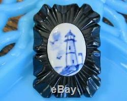 Rare Vintage Carved Black Bakelite Pin / Brooch W Delft Blue Lighthouse Cameo