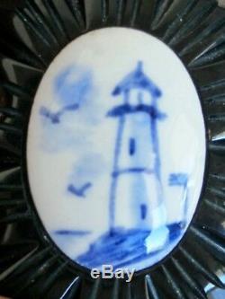 Rare Vintage Carved Black Bakelite Pin / Brooch W Delft Blue Lighthouse Cameo