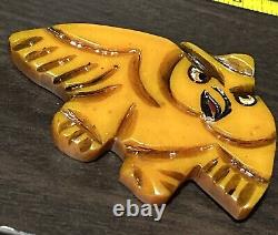 Rare Vintage Carved & Painted Butterscotch Caramel Owl Bird BAKELITE Pin Brooch