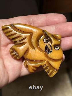 Rare Vintage Carved & Painted Butterscotch Caramel Owl Bird BAKELITE Pin Brooch