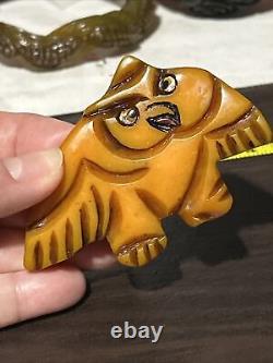 Rare Vintage Carved & Painted Butterscotch Caramel Owl Bird BAKELITE Pin Brooch