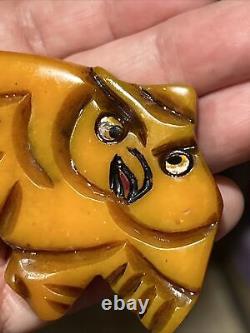 Rare Vintage Carved & Painted Butterscotch Caramel Owl Bird BAKELITE Pin Brooch