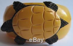Rare Vintage Carved Yellow Bakelite Wood Turtle Pin & Turtle Clamp Bracelet