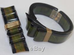 Rare Vintage Green Black BAKELITE Hinged Bangle Bracelet + Brooch Pin Set EUC