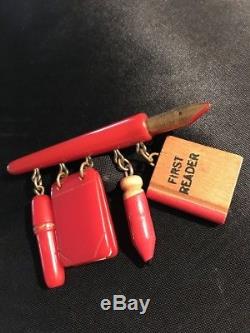 Rare Vintage Red Bakelite Sleeper School Charm Pin