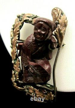 Rare Vintage Signed Hobe' Sterling 1/20th 14kt Gold Bandora Asian Man Brooch Pin
