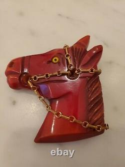 Rare Vtg. Bakelite Carved Horse Head With Bridle Pin Brooch