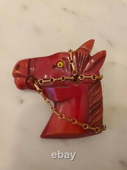 Rare Vtg. Bakelite Carved Horse Head With Bridle Pin Brooch
