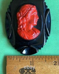 Rare vintage Bakelite celluloid red goddess cameo pin 1930's