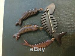 Rare vintage CHERRY AMBER bakelite pin brooch fish bone