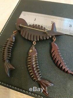 Rare vintage CHERRY AMBER bakelite pin brooch fish bone