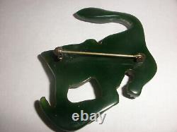 Rare vintage bakelite carved green cat with mouse brooch