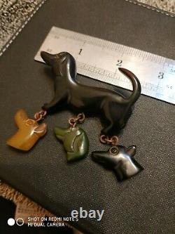 Rare vintage bakelite pin brooch dangle dachshund