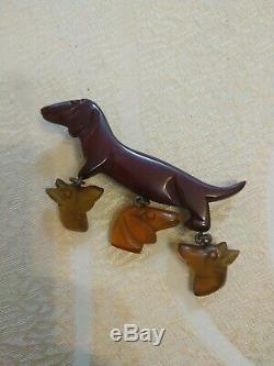 Rare vintage bakelite pin brooch dangle dog
